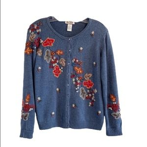 Vintage Sweater Cardigan Twee Cottagecore Cabincore Felt Applique Floral Sweater